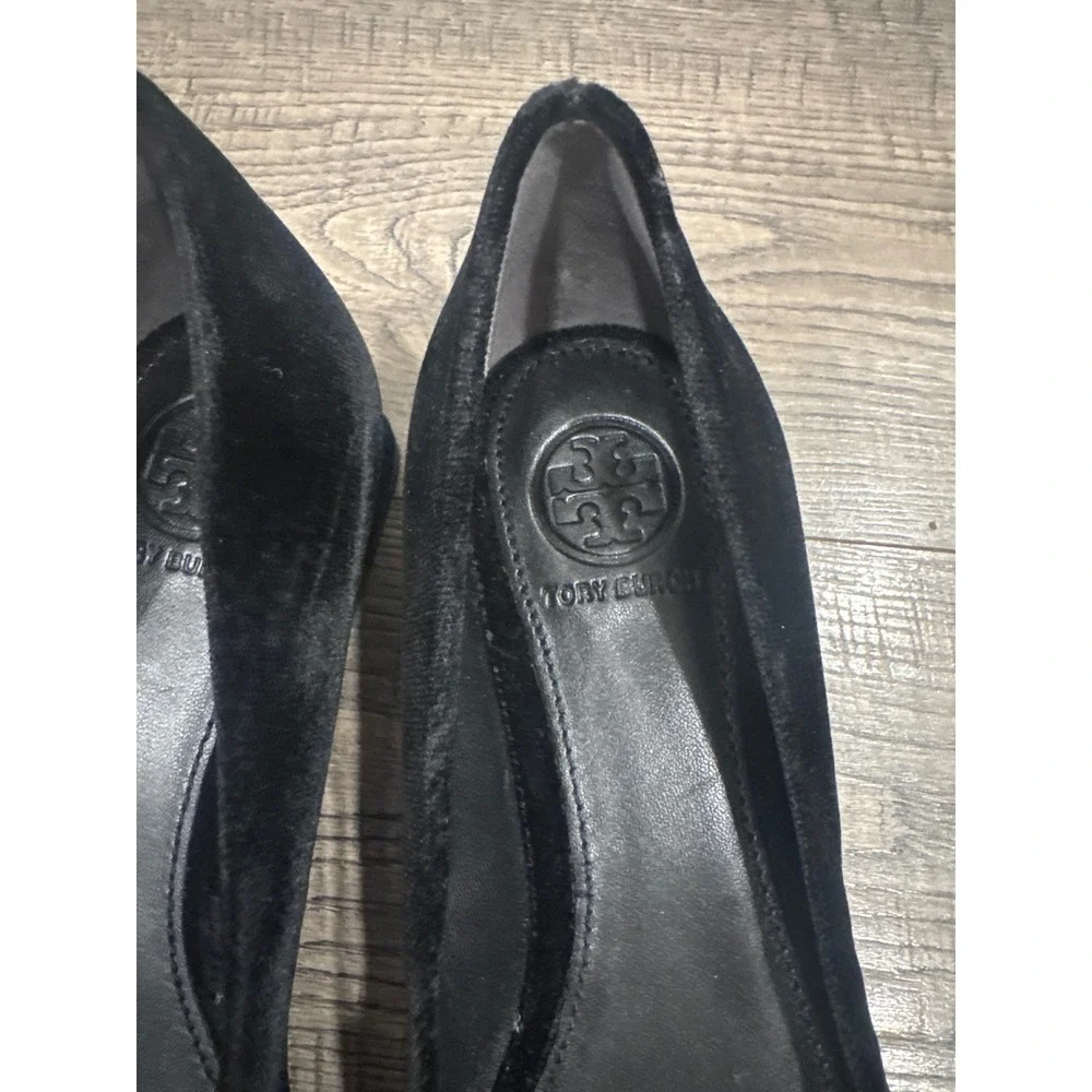 Tory Burch Black Velvet Crystal Embellished Bow Pumps Low Block Heel 6M